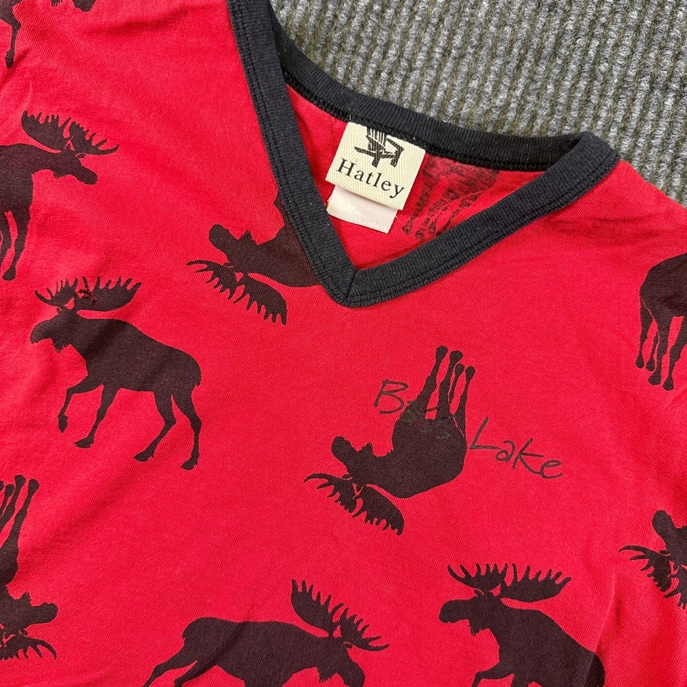 Hatley Womens Red‎ Moose Print T Shirt L V Neck Short Sleeve Graphic Top